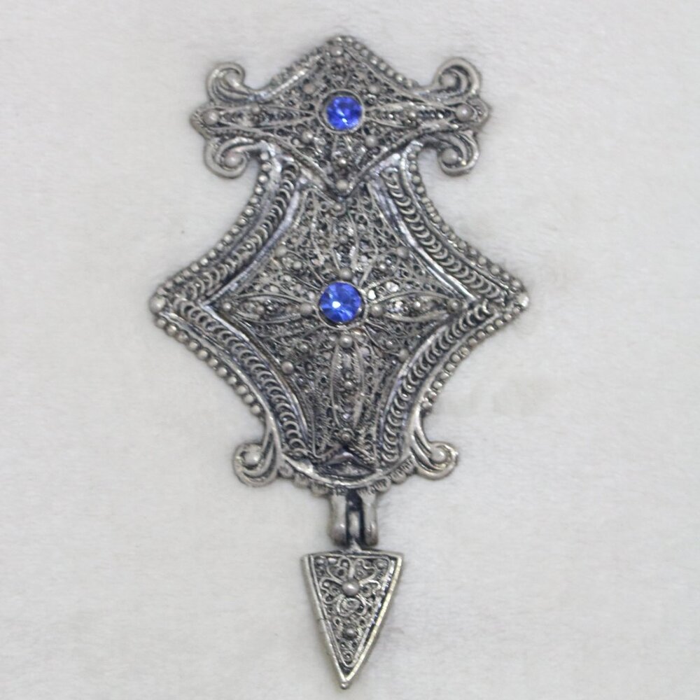 Vintage Ornate Filigree Large Silver & Blue Rhinestone Scarf Dress Clip Buckle